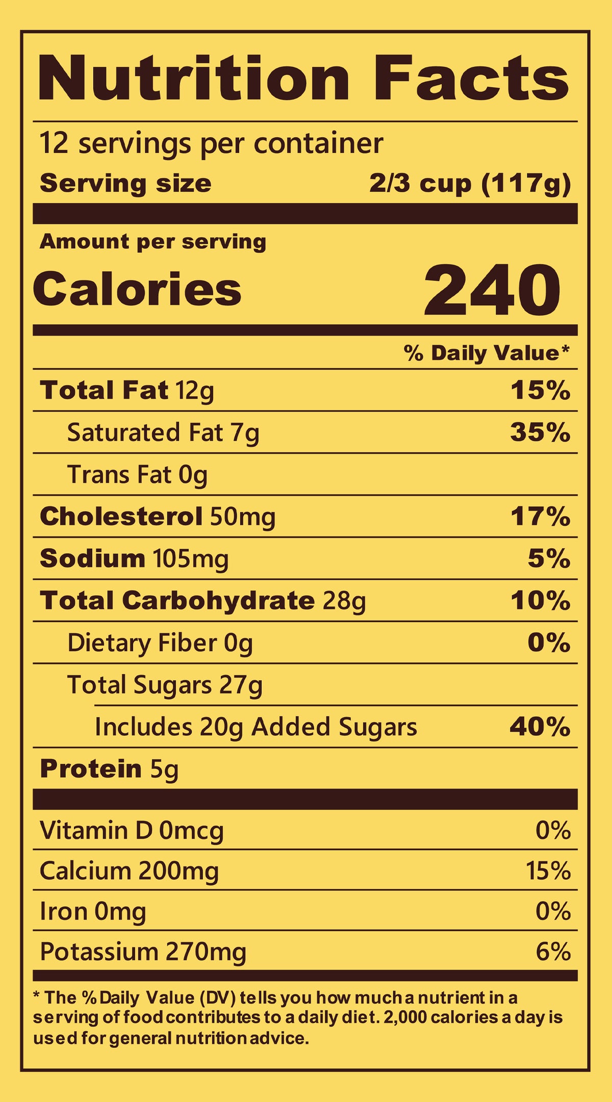 Blue Bell Natural Vanilla Bean Ice Cream Half Gallons Nutrition Facts label showing a serving size of 2/3 cup (117g) with 240 calories, listing nutrients such as total fat, cholesterol, sodium, and protein per serving.