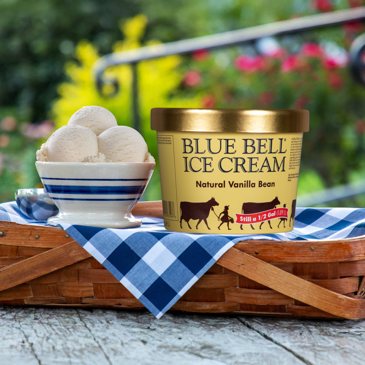 A tub of Blue Bell Natural Vanilla Bean Ice Cream sits on a wooden tray with a blue-and-white checkered napkin, alongside a bowl of vanilla ice cream in a bowl. The scene is photographed outdoors with a blurred garden and railing in the background.