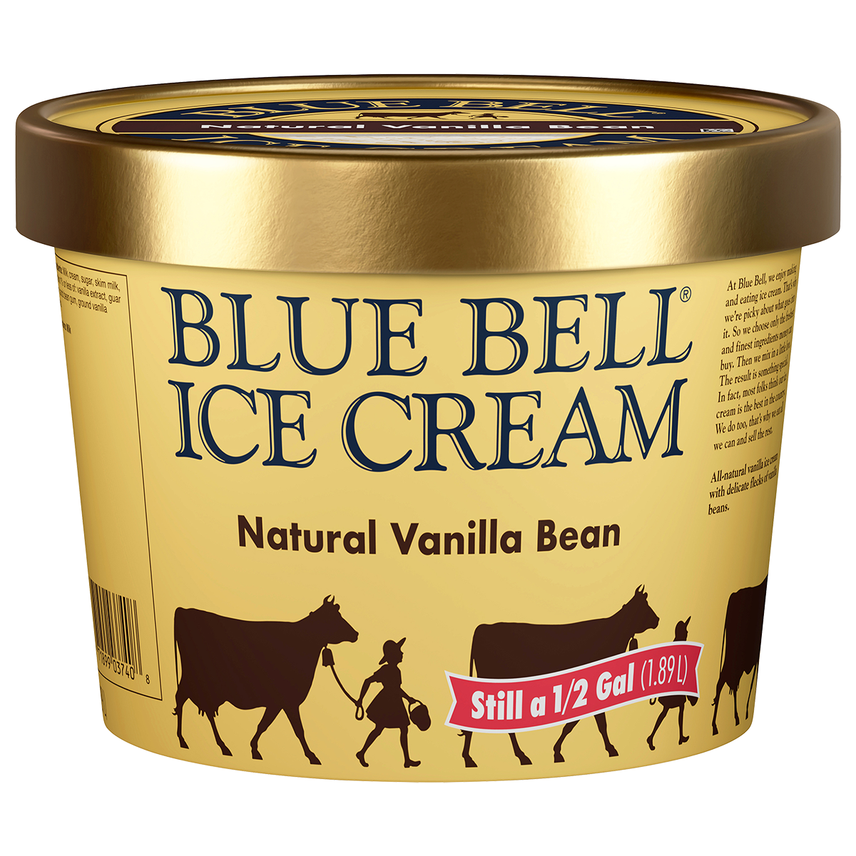 Half gallon of Blue Bell Natural Vanilla Bean ice cream in beige carton with gold