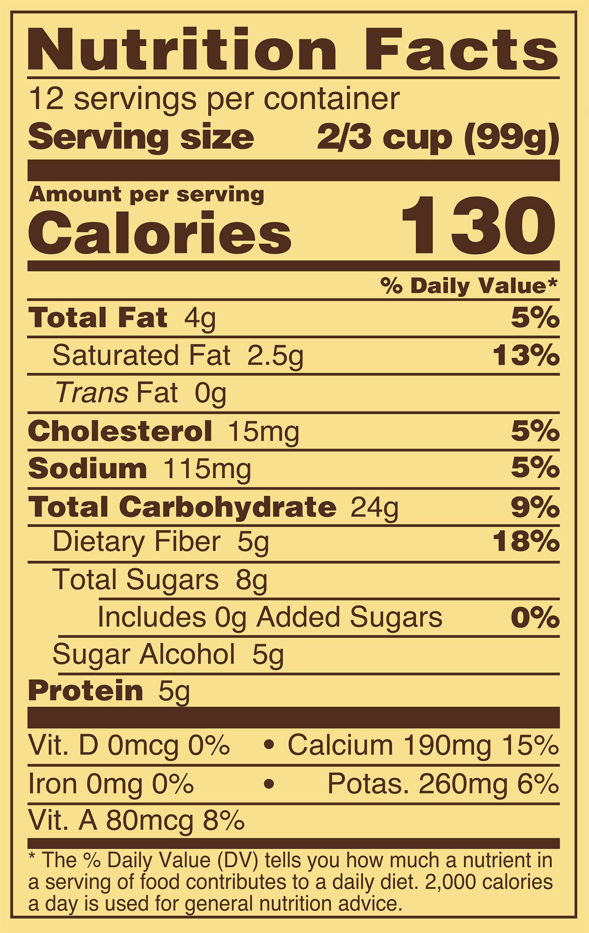 Blue Bell NSA Country Vanilla Ice Cream Half Gallons Nutrition Facts label showing a serving size of 2/3 cup (99g) with 130 calories, listing nutrients such as total fat, cholesterol, sodium, and protein per serving.