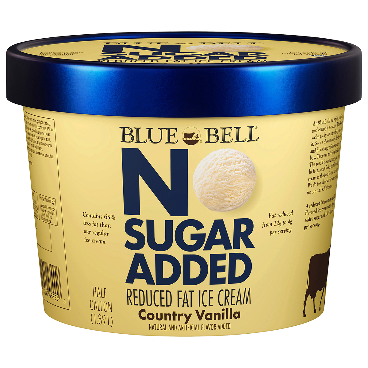 Half gallon of Blue Bell No Sugar Added Reduced Fat County Vanilla ice cream in beige carton with blue lid