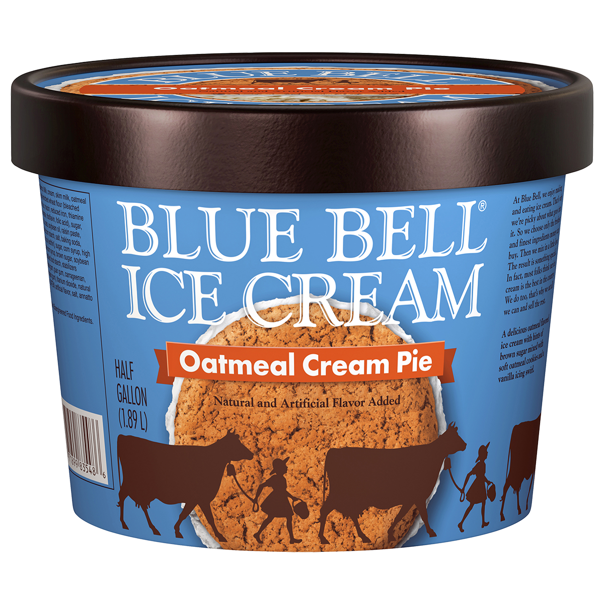 Half gallon of Blue Bell Oatmeal Cream Pie ice cream in blue carton with oatmeal cream pie cookie with brown lid