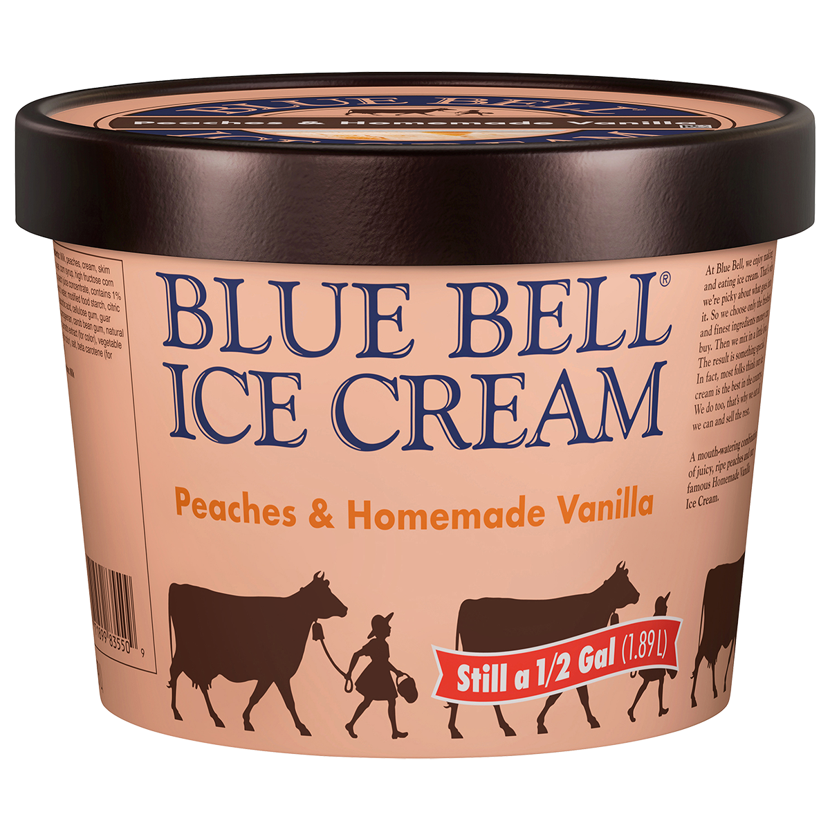 Half gallon of Blue Bell Peaches and Homemade Vanilla in pink carton with brown lid