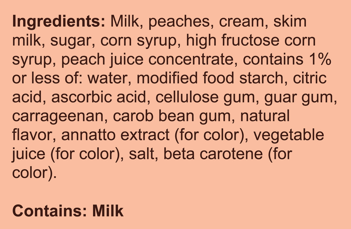 Blue Bell Peaches & Homemade Vanilla Ice Cream Half Gallons Ingredient Listing and Allergens stating 'Contains: Milk.'