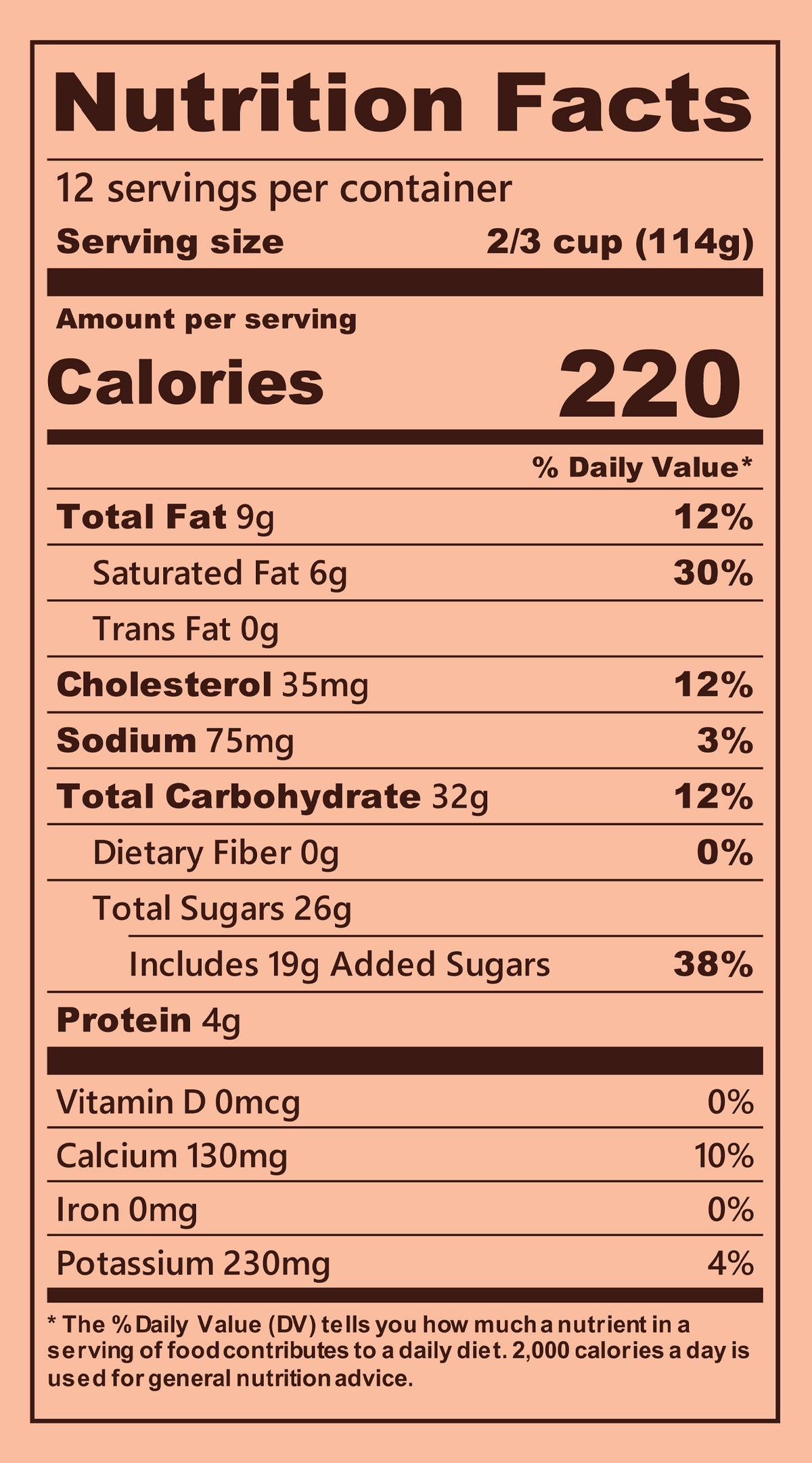Blue Bell Peaches & Homemade Vanilla Ice Cream Half Gallons Nutrition Facts label showing a serving size of 2/3 cup (114g) with 220 calories, listing nutrients such as total fat, cholesterol, sodium, and protein per serving.
