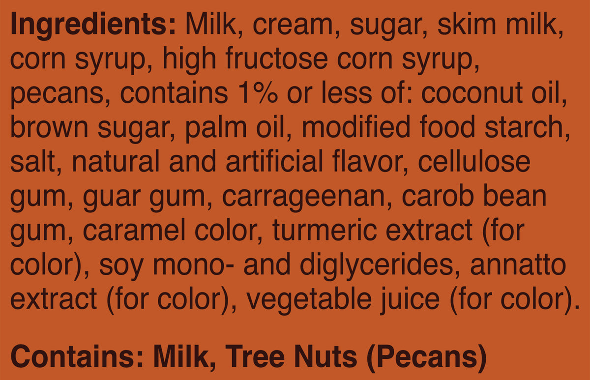 Blue Bell Pecan Pralines 'n Cream Ice Cream Half Gallons Ingredient Listing and Allergens stating 'Contains: Milk, Tree Nuts (Pecans).'