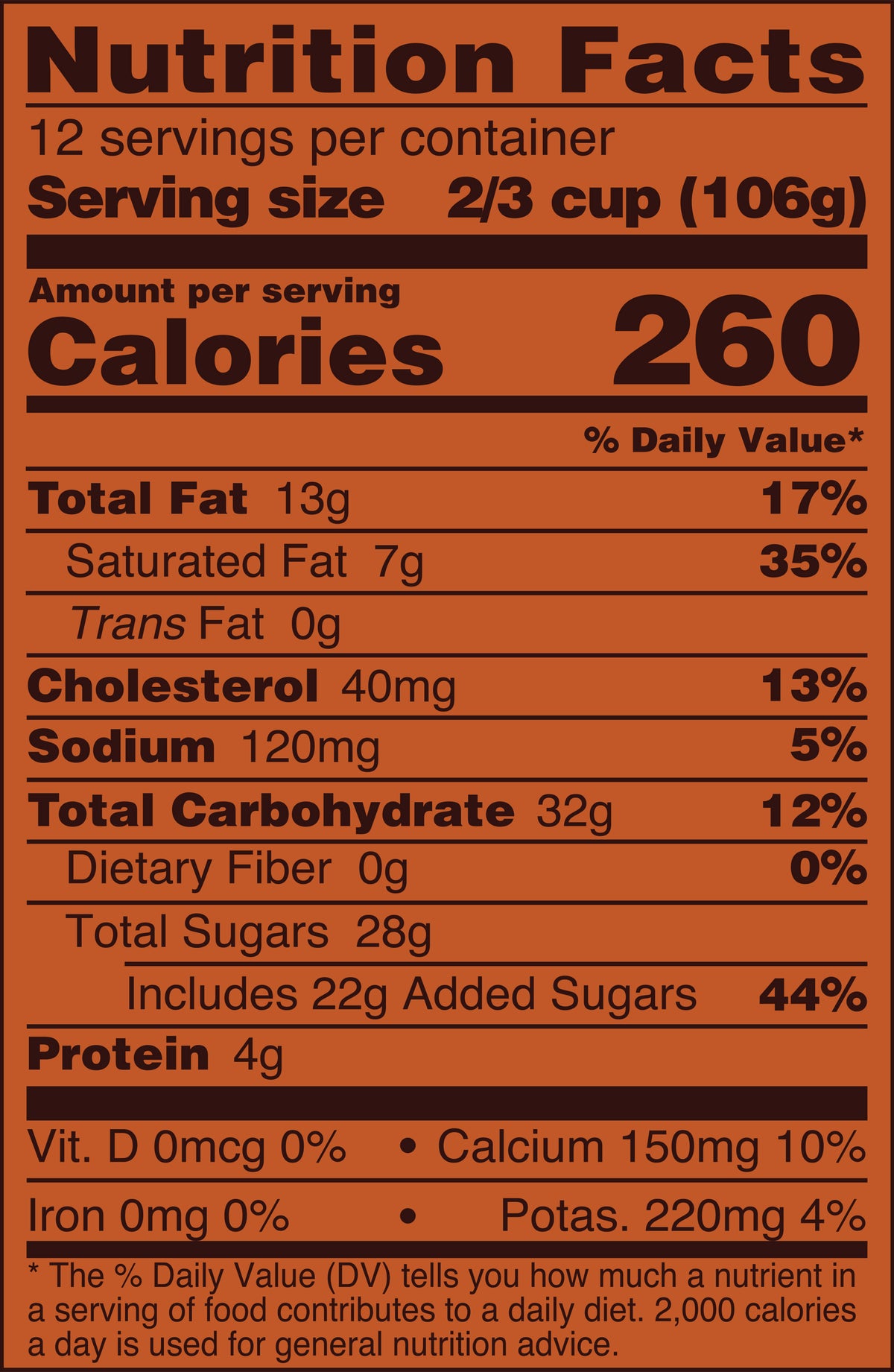 Blue Bell Pecan Pralines 'n Cream Ice Cream Half Gallons Nutrition Facts label showing a serving size of 2/3 cup (106g) with 260 calories, listing nutrients such as total fat, cholesterol, sodium, and protein per serving.