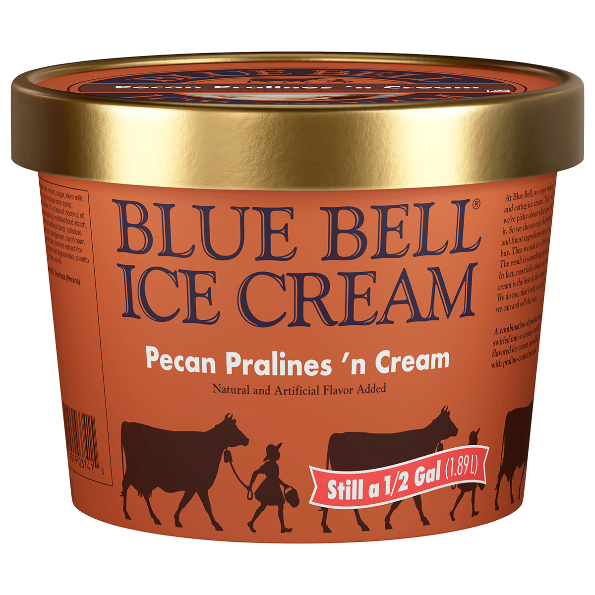 Half gallon of Blue Bell Pecan Pralines n Cream in brown carton with gold lid