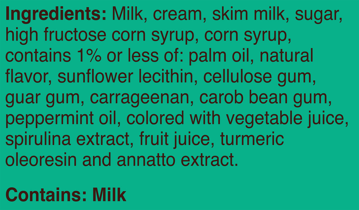 Blue Bell Peppermint Ice Cream Half Gallons Ingredient Listing and Allergens stating 'Contains: Milk.'