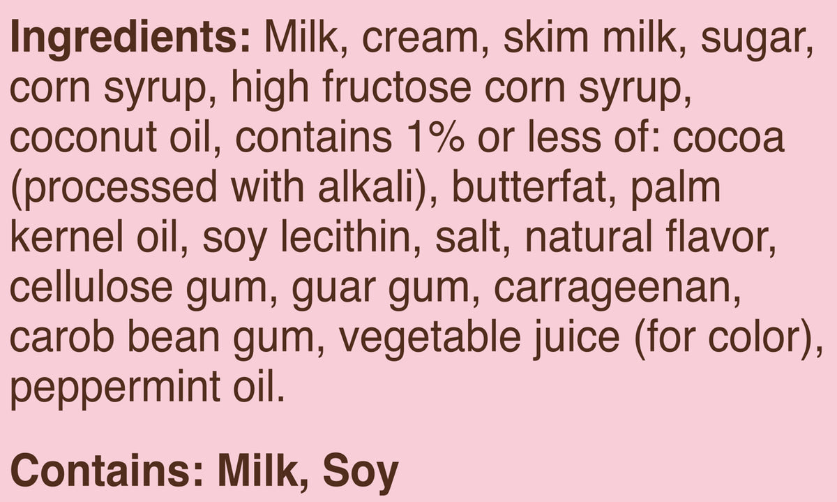 Blue Bell Peppermint Bark Ice Cream Half Gallons Ingredient Listing and Allergens stating 'Contains: Milk, Soy.'