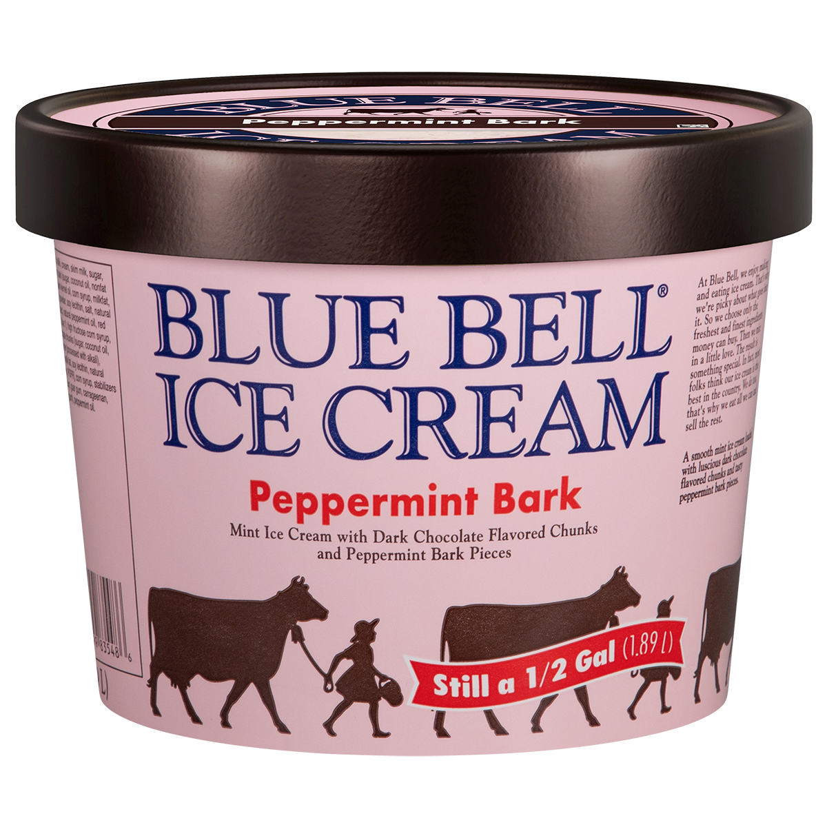 Half gallon of Blue Bell Peppermint Bark ice cream in pink carton with brown lid