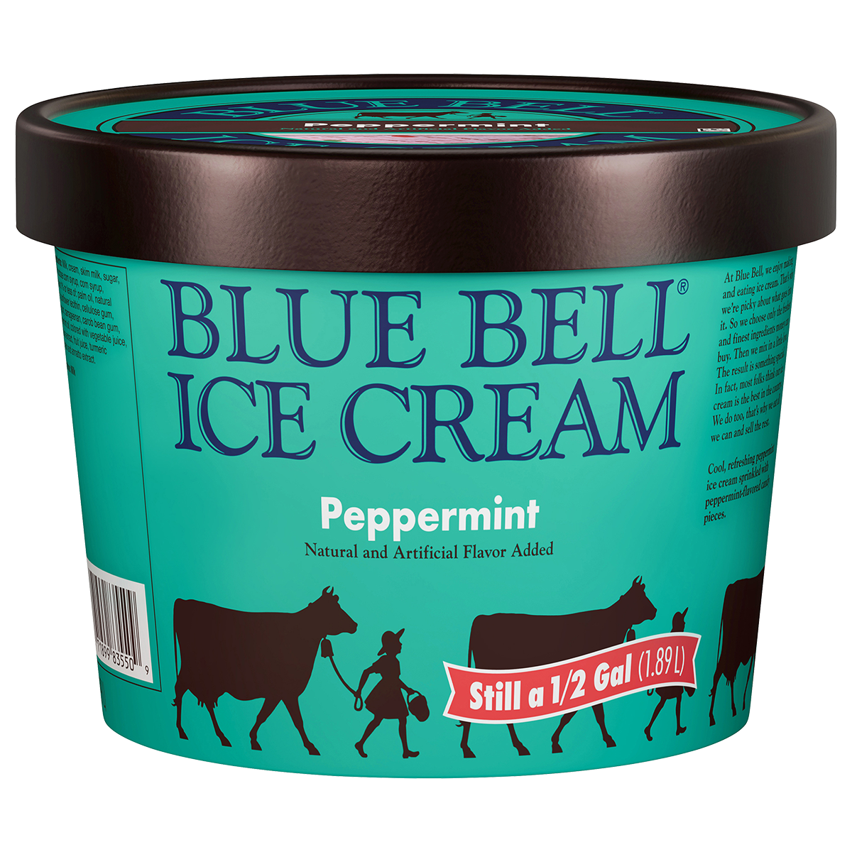 Half gallon of Blue Bell Peppermint ice cream in green carton with gold lid