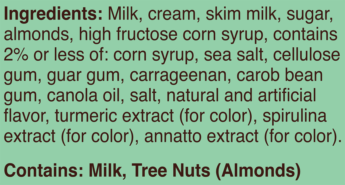 Blue Bell Pistachio Almond Ice Cream Half Gallons Ingredient Listing and Allergens stating 'Contains: Milk, Tree Nuts (Almonds).'