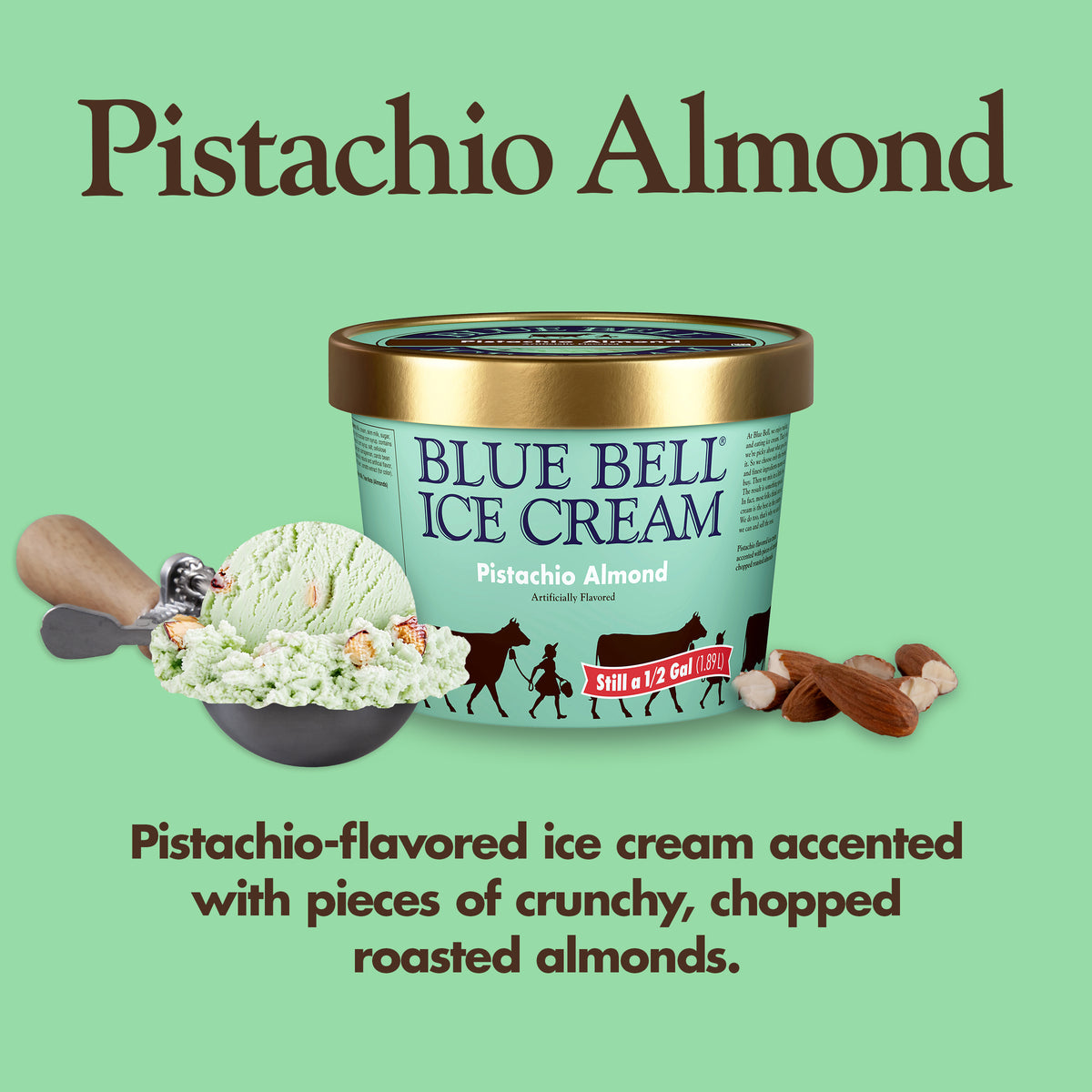 Blue Bell Pistachio Almond Ice Cream Half Gallons Infographic with carton of ice cream, scoop of ice cream in a dipper and flavor description: Pistachio-flavored ice cream accented with pieces of crunchy, chopped roasted almonds.