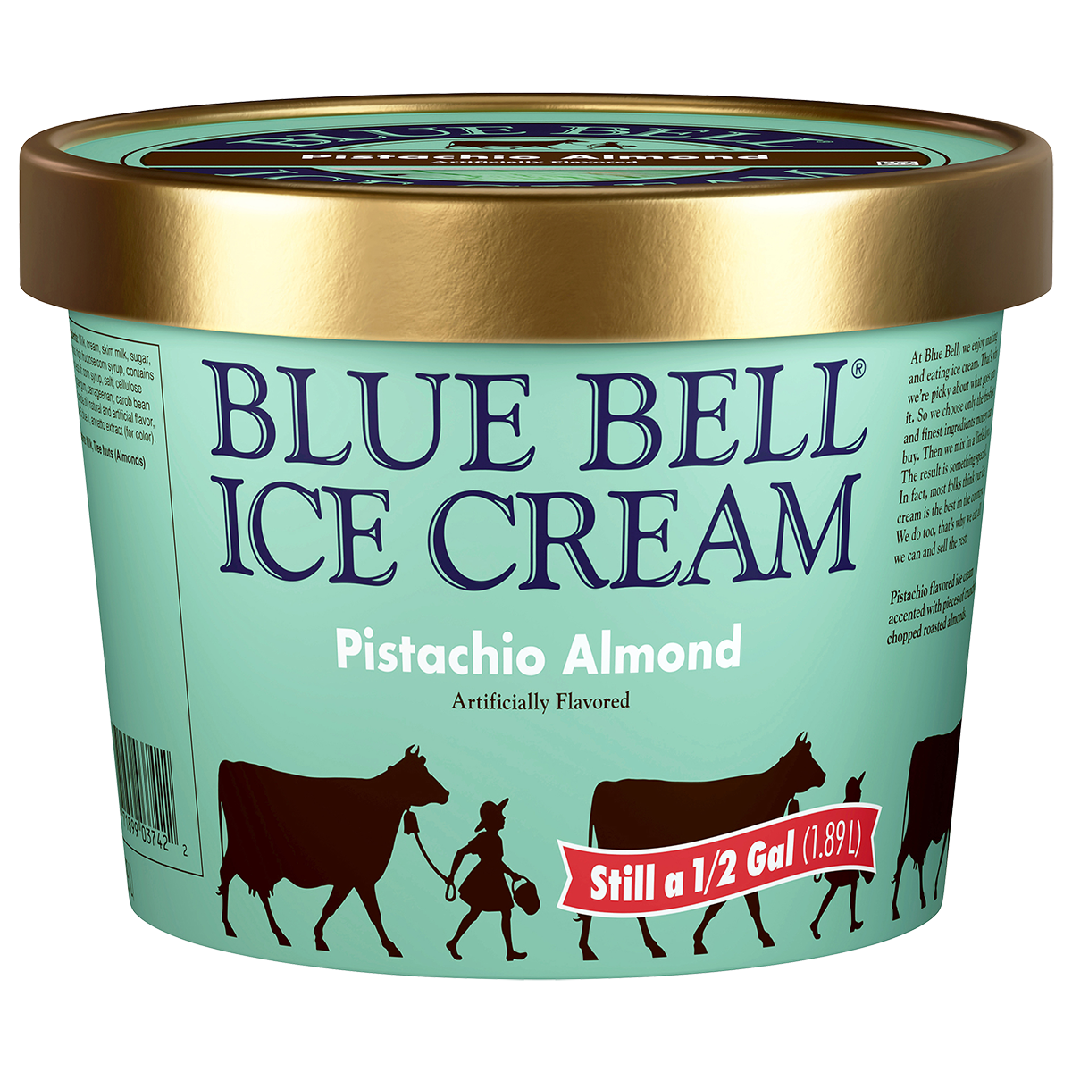 Half gallon of Blue Bell Pistachio Almond ice cream in green carton with gold lid