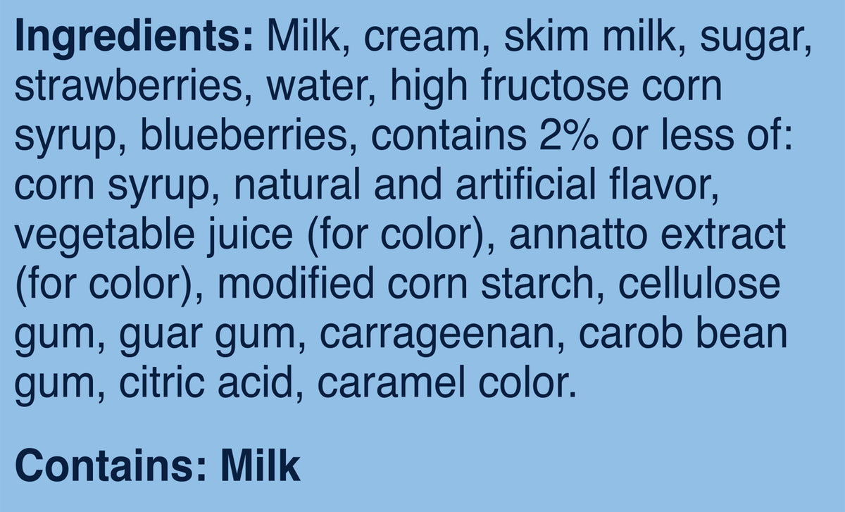 Blue Bell Red White & Blue Bell Ice Cream Half Gallons Ingredient Listing and Allergens stating 'Contains: Milk.'