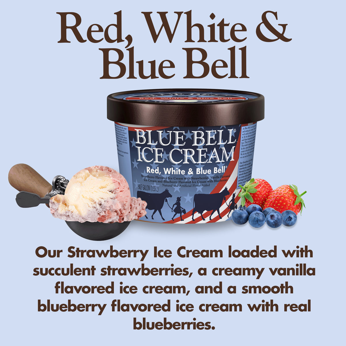 Blue Bell Red White & Blue Bell Ice Cream Half Gallons Infographic with carton of ice cream, scoop of ice cream in a dipper and flavor description: Our Strawberry Ice Cream loaded with succulent strawberries, a creamy vanilla-flavored ice cream, and a smooth blueberry-flavored ice cream with real blueberries, packaged side by side in one carton