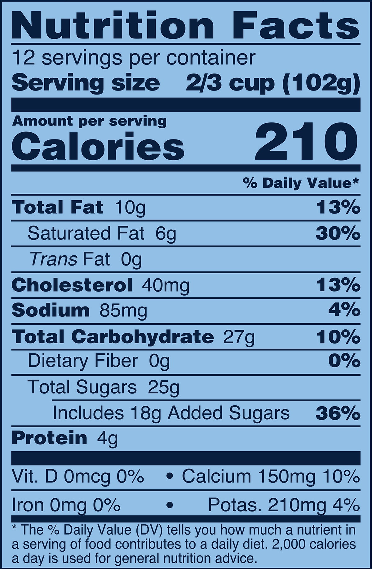 Blue Bell Red White & Blue Bell Ice Cream Half Gallons Nutrition Facts label showing a serving size of 2/3 cup (102g) with 210 calories, listing nutrients such as total fat, cholesterol, sodium, and protein per serving.