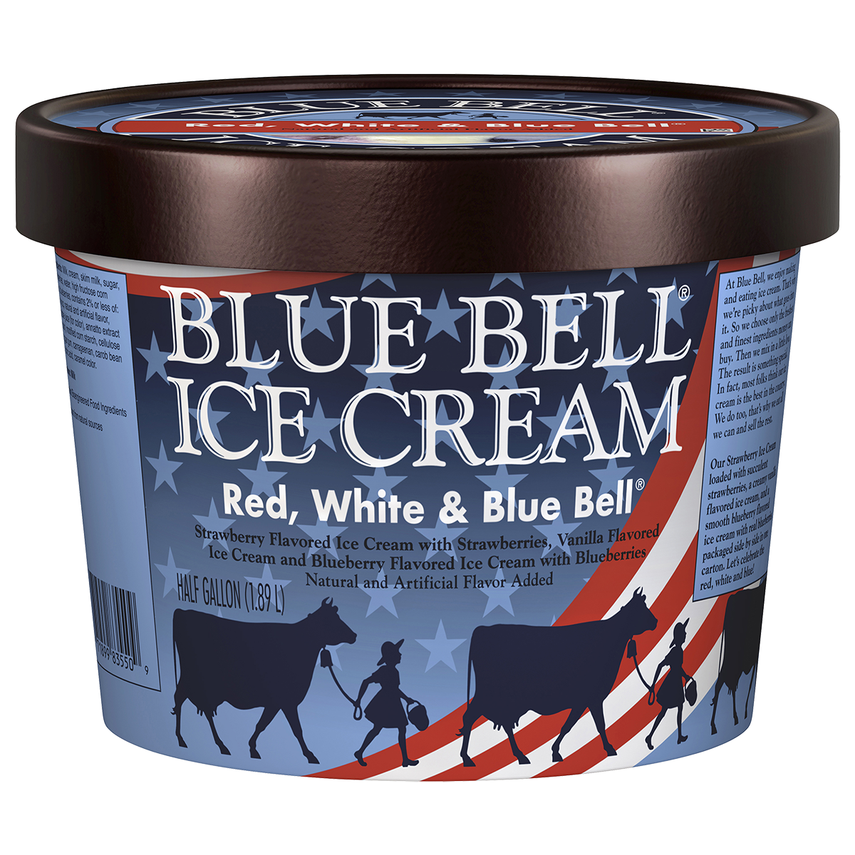 Half gallon of Blue Bell Red, White and Blue Bell Ice Cream in a patriotic carton with stars and stripes