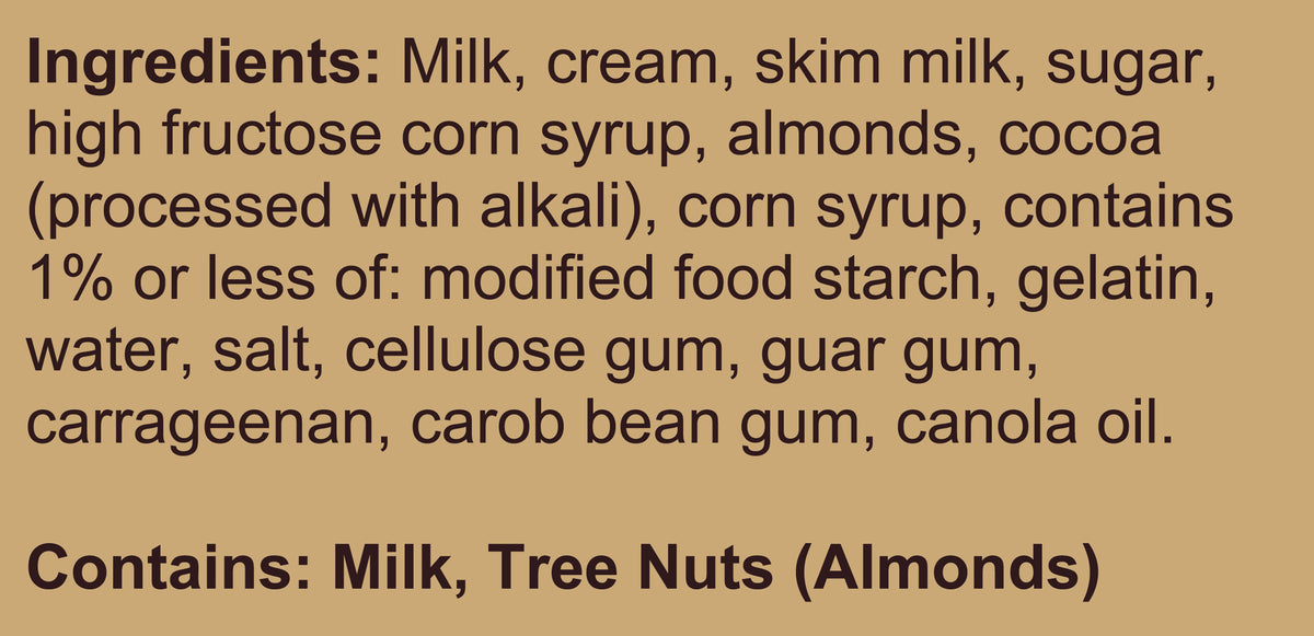 Blue Bell Rocky Road Ice Cream Half Gallons Ingredient Listing and Allergens stating 'Contains: Milk, Tree Nuts (Almonds).'