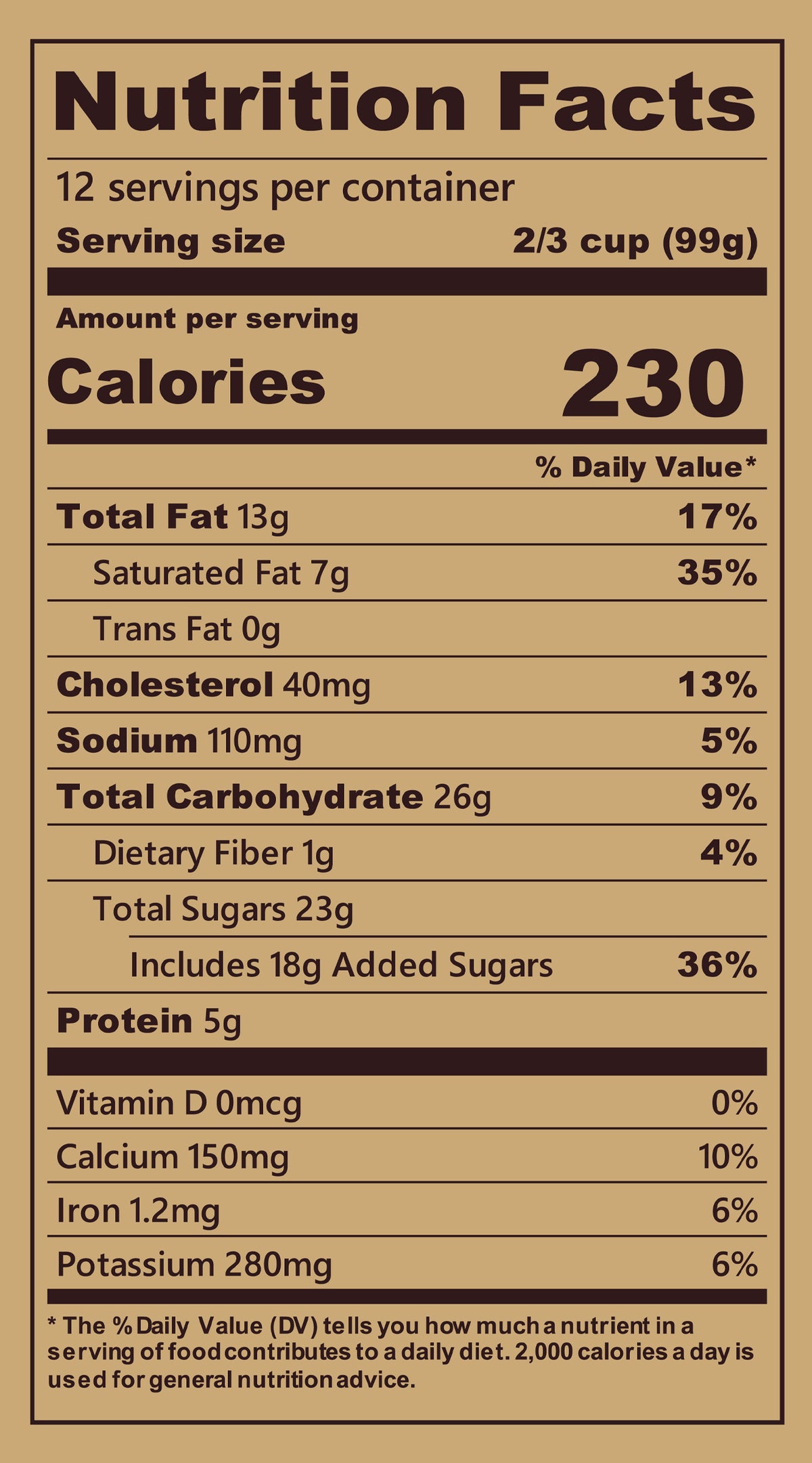 Blue Bell Rocky Road Ice Cream Half Gallons Nutrition Facts label showing a serving size of 2/3 cup (99g) with 230 calories, listing nutrients such as total fat, cholesterol, sodium, and protein per serving.