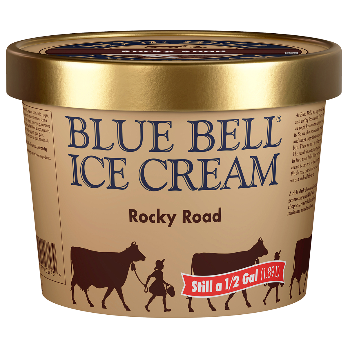 Half gallon of Blue Bell Rocky Road ice cream in tan carton with gold lid