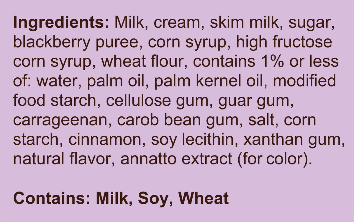 Blue Bell Southern Blackberry Cobbler Ice Cream Half Gallons Ingredient Listing and Allergens stating 'Contains: Milk, Soy, Wheat.'