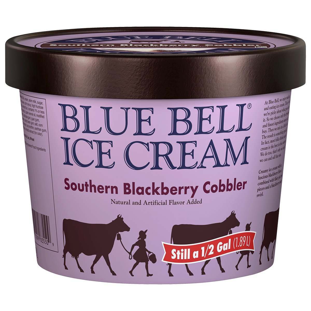 Half gallon of Blue Bell Southern Blackberry Cobbler ice cream in purple carton with brown lid