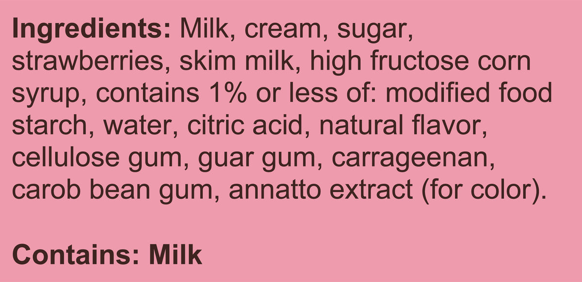 Blue Bell Strawberries & Homemade Vanilla Ice Cream Half Gallons Ingredient Listing and Allergens stating 'Contains: Milk.'
