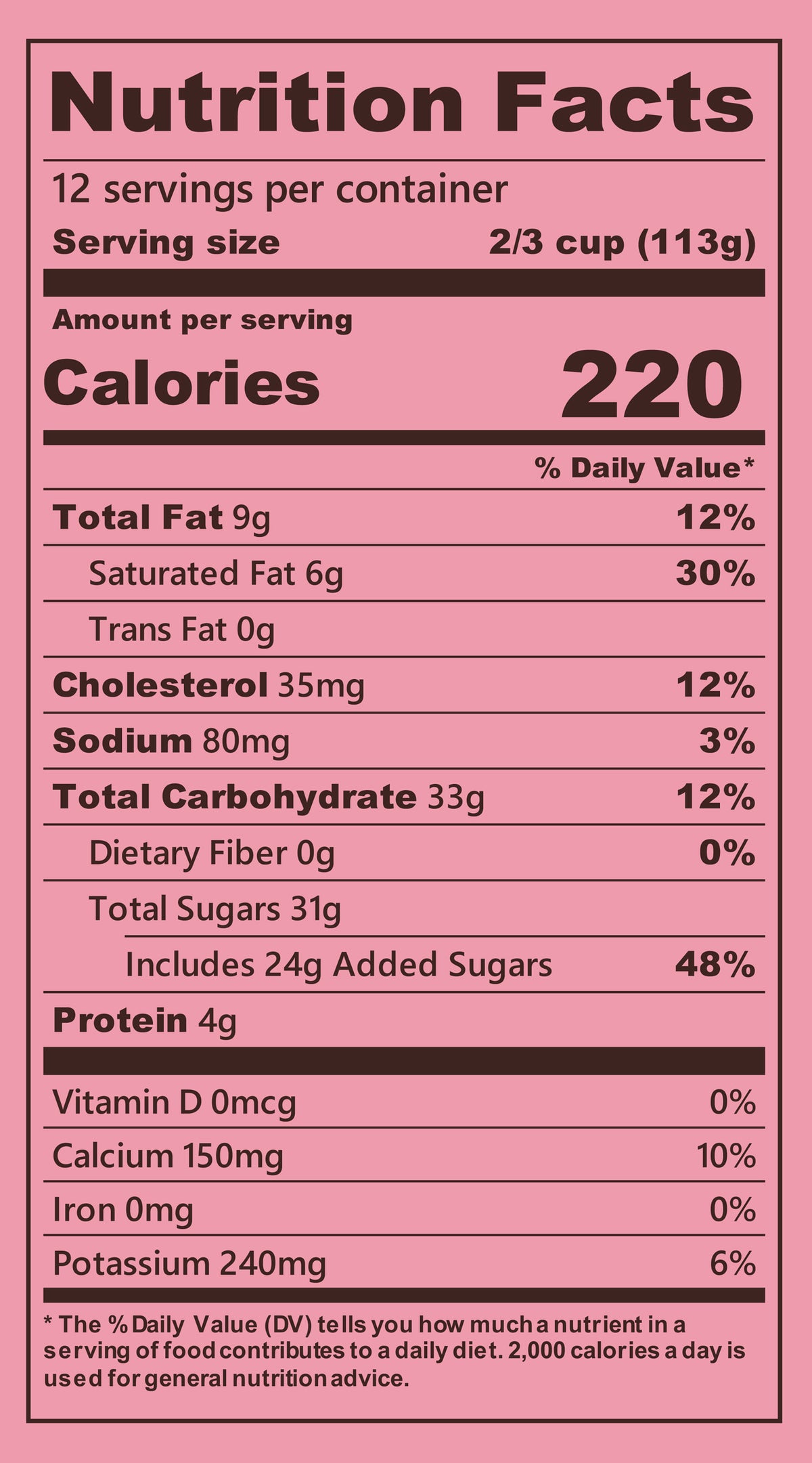 Blue Bell Strawberries & Homemade Vanilla Ice Cream Half Gallons Nutrition Facts label showing a serving size of 2/3 cup (113g) with 220 calories, listing nutrients such as total fat, cholesterol, sodium, and protein per serving.