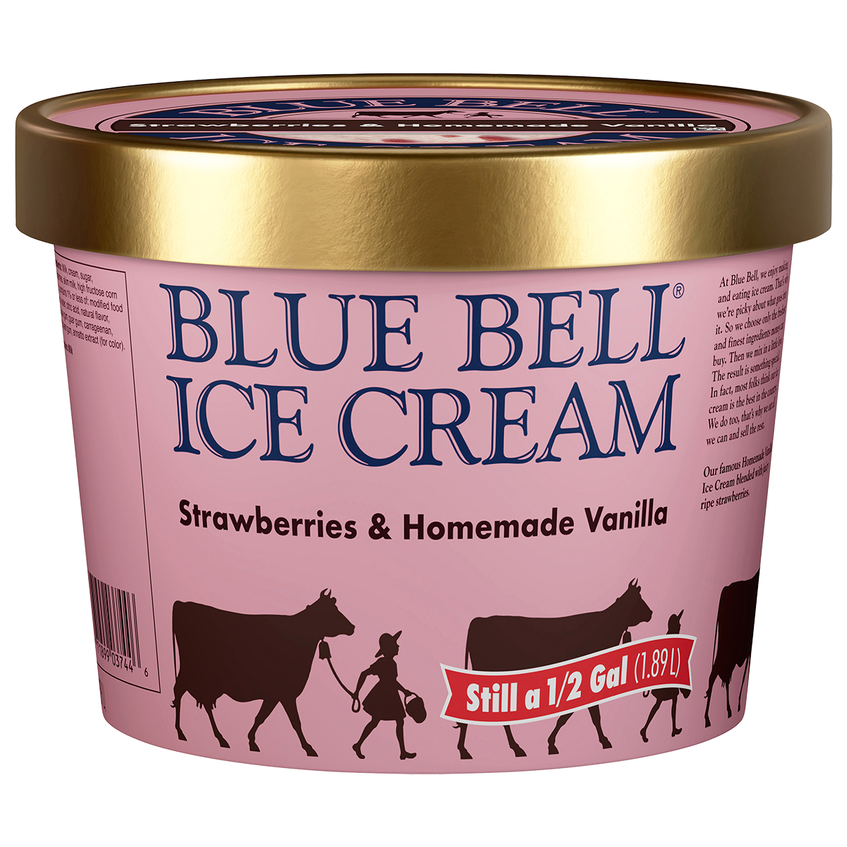 Half gallon of Blue Bell Strawberries and Homemade Vanilla ice cream in pink carton with gold lid 
