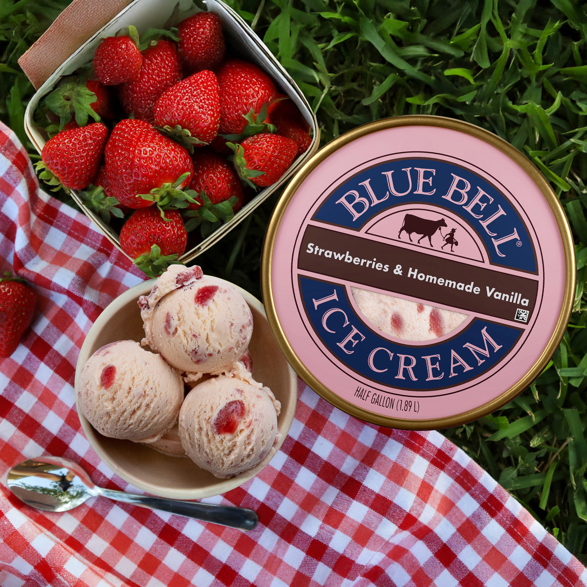 A round lid of Blue Bell Ice Cream labeled 'Strawberries & Homemade Vanilla' is shown outdoors on grass beside a bowl of vanilla ice cream scoops with strawberry pieces, a metal container of fresh strawberries, and a red-and-white checkered blanket.