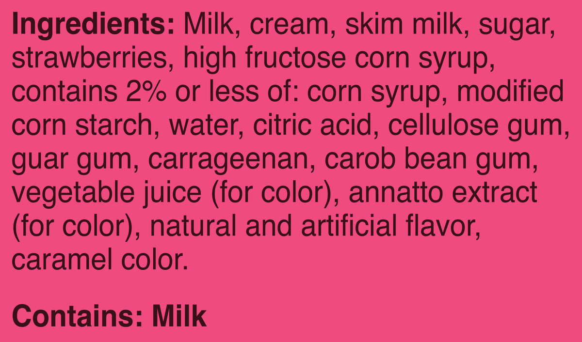 Blue Bell Strawberry Ice Cream Half Gallons Ingredient Listing and Allergens stating 'Contains: Milk.'
