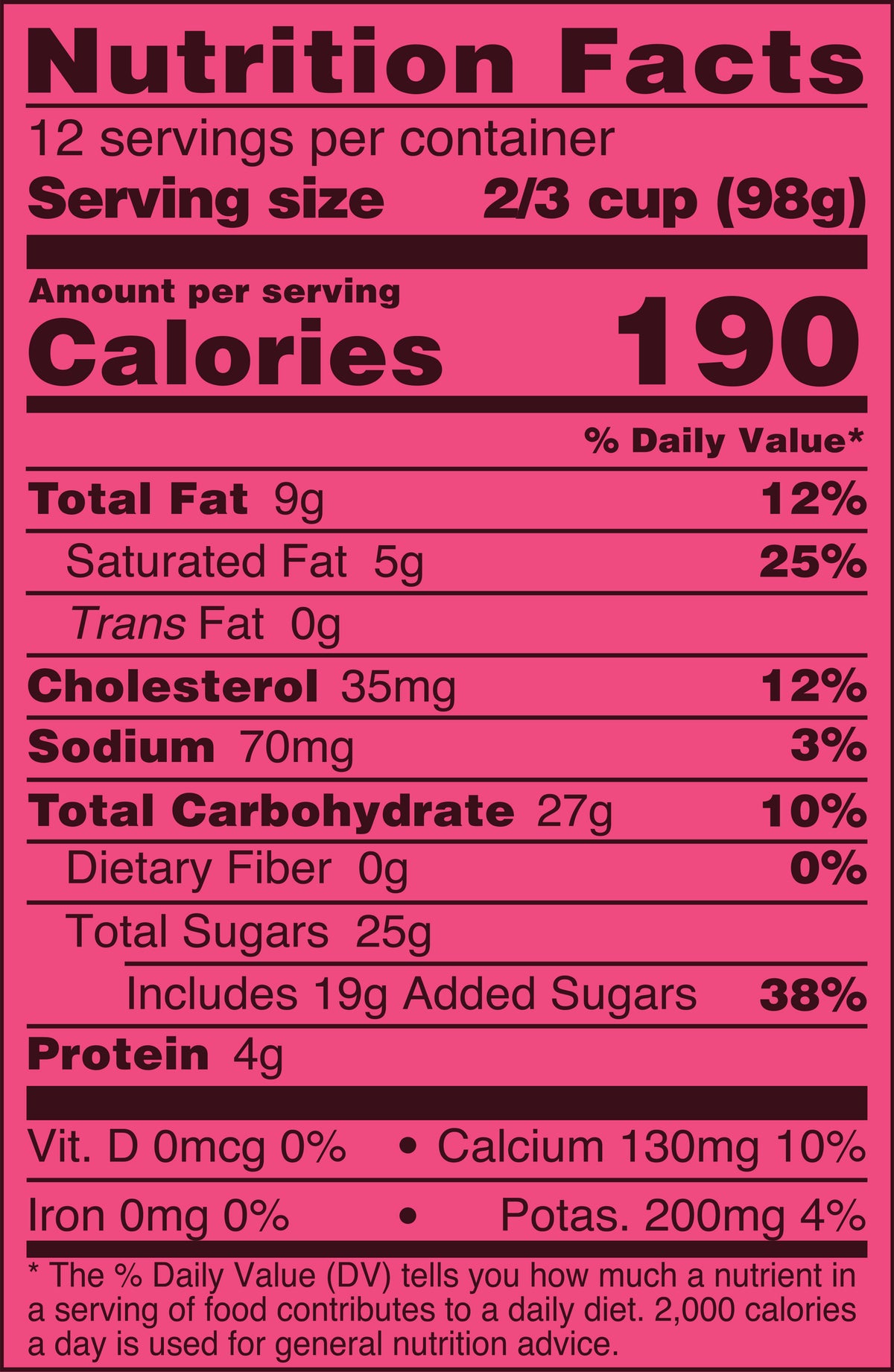 Blue Bell Strawberry Ice Cream Half Gallons Nutrition Facts label showing a serving size of 2/3 cup (98g) with 190 calories, listing nutrients such as total fat, cholesterol, sodium, and protein per serving.