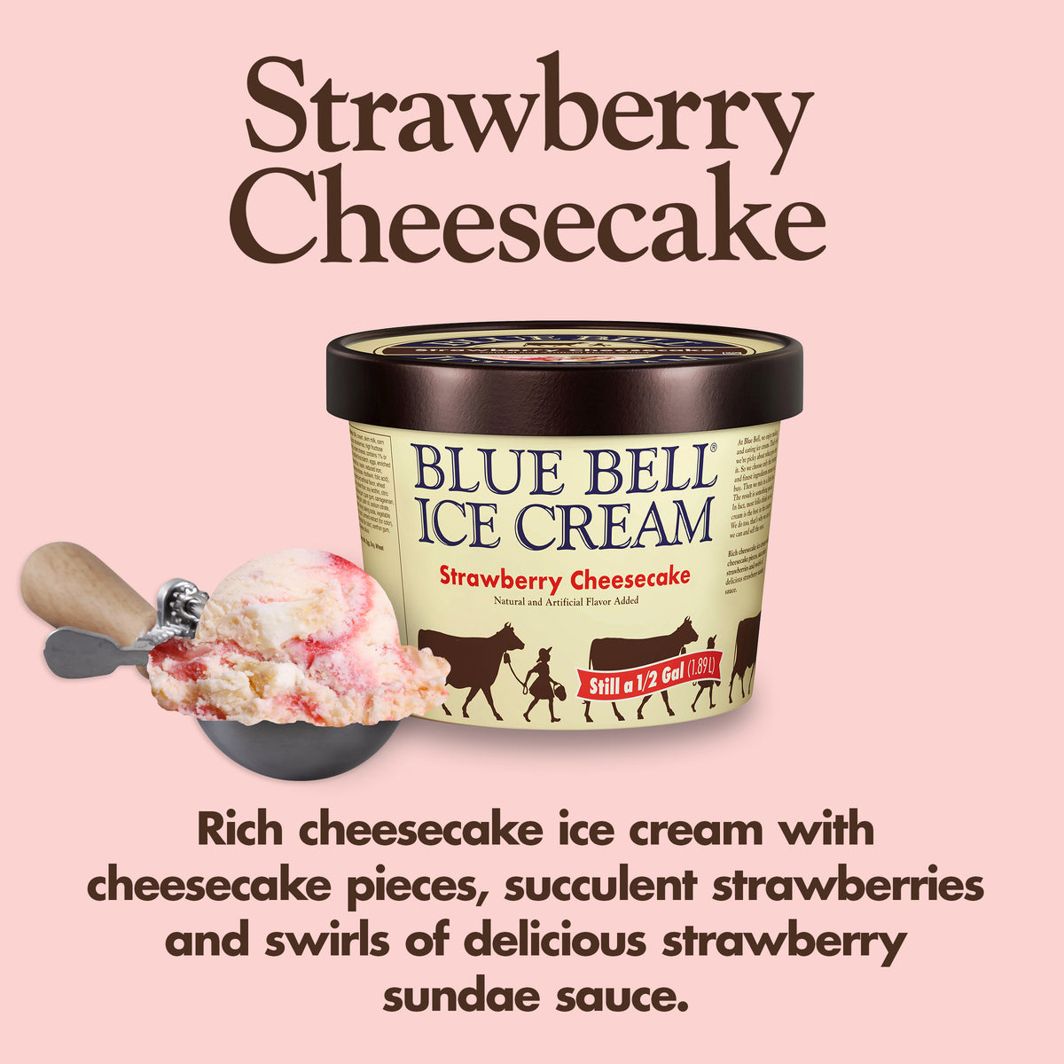 Blue Bell Strawberry Cheesecake Ice Cream Half Gallons Infographic with carton of ice cream, scoop of ice cream in a dipper and flavor description: Rich cheesecake ice cream with cheesecake pieces, succulent strawberries and swirls of delicious strawberry sundae sauce. 