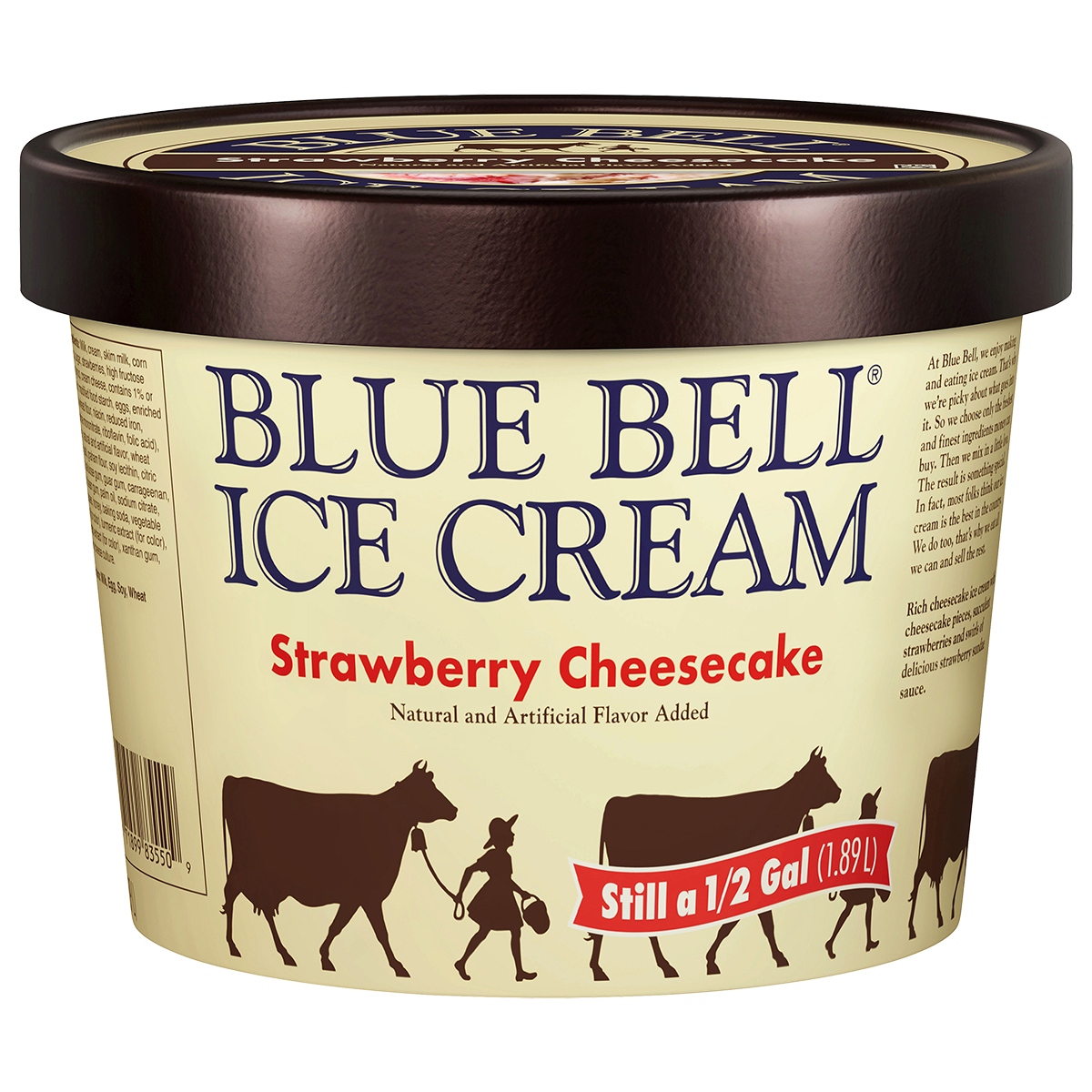 Blue Bell Strawberry Cheesecake ice cream container with brown lid on a white background
