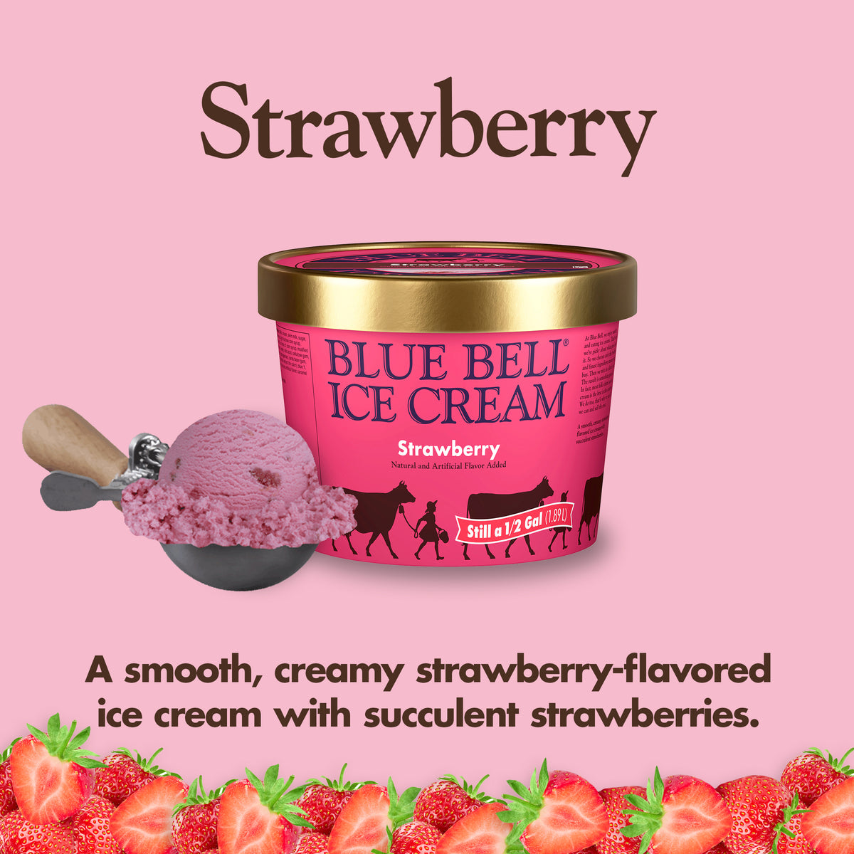 Blue Bell Strawberry Ice Cream Half Gallons Infographic with carton of ice cream, scoop of ice cream in a dipper and flavor description: Smooth, creamy strawberry-flavored ice cream with succulent strawberries.