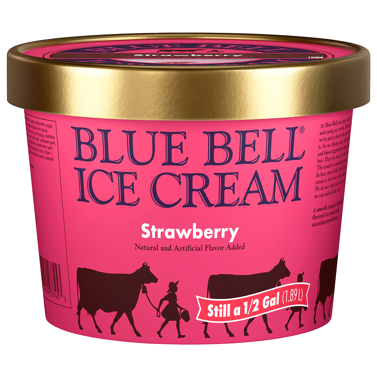 Half gallon of Blue Bell Strawberry ice cream in pink carton with gold lid