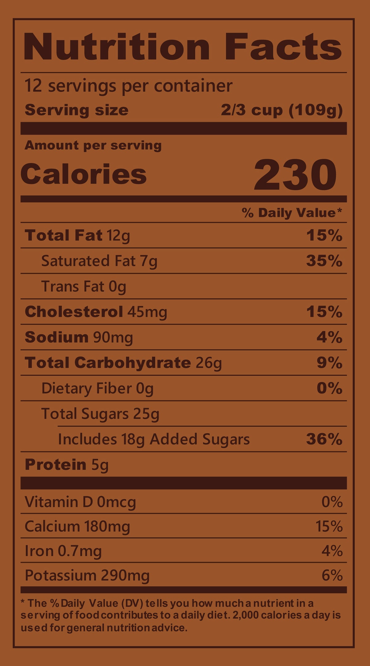Blue Bell The Great Divide Ice Cream Half Gallons Nutrition Facts label showing a serving size of 2/3 cup (109g) with 230 calories, listing nutrients such as total fat, cholesterol, sodium, and protein per serving.
