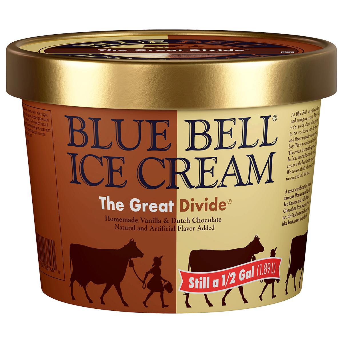 Half gallon of Blue Bell The Great Divide ice cream in brown and beige carton with gold lid 
