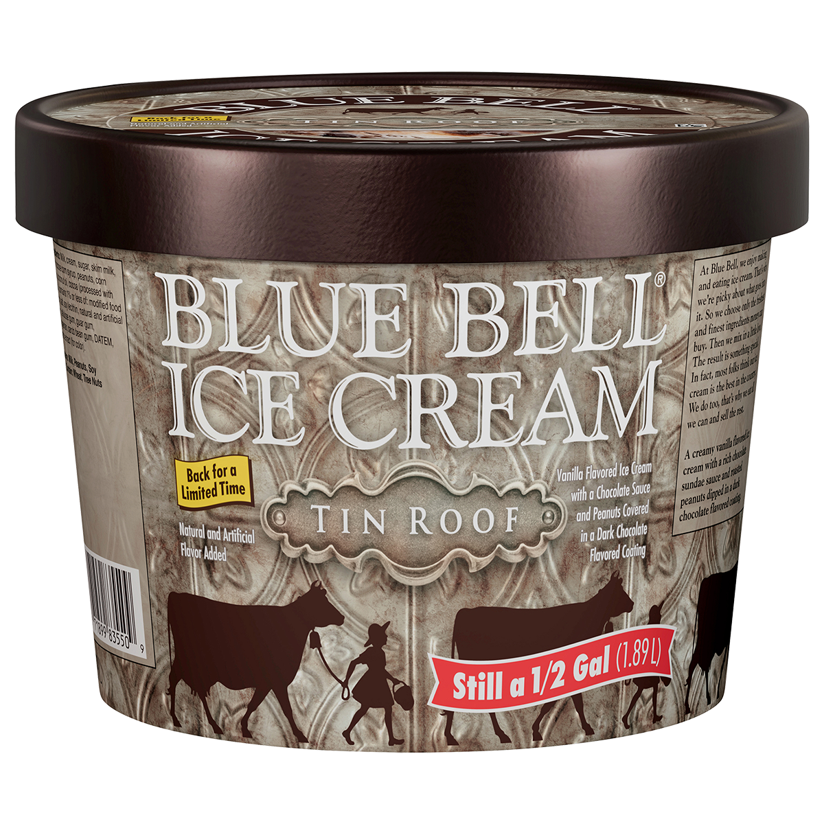 Half gallon of Blue Bell Tin Roof ice cream in pressed tin style carton with brown lid