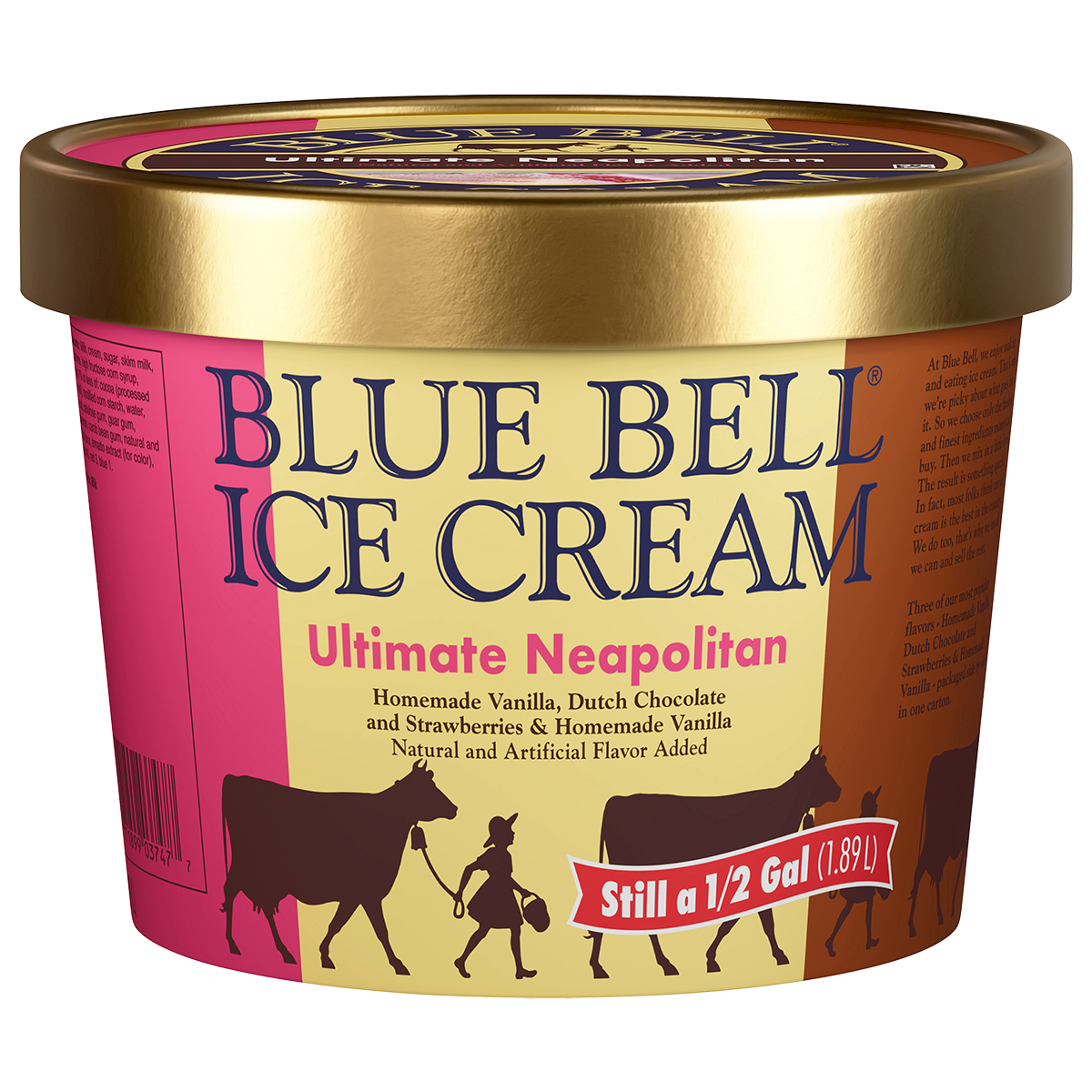 Half gallon of Blue Bell Ultimate Neapolitan ice cream in brown pink and beige carton with gold lid