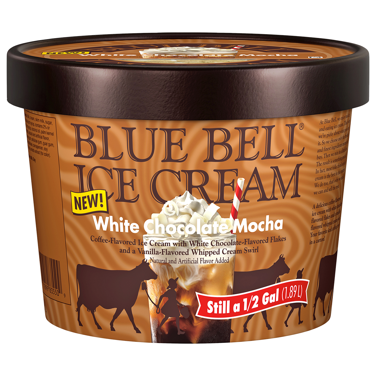 Half Gallon of Blue Bell White Chocolate Mocha Ice Cream in a brown swirled container with a white chocolate mocha drink with straw and a brown lid