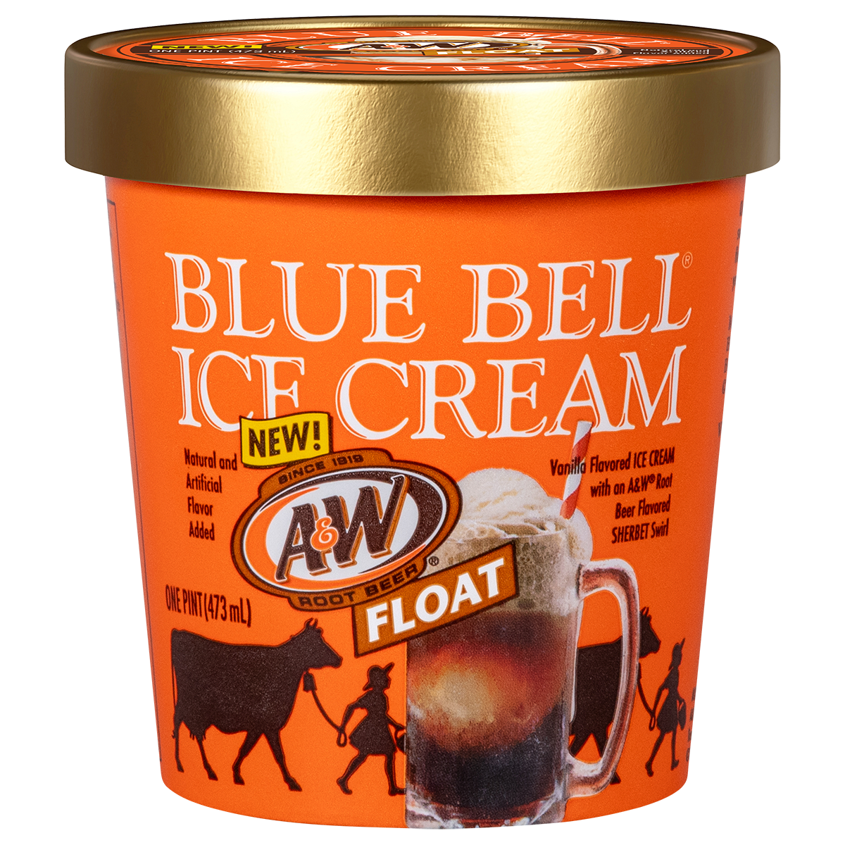 Pint of Blue Bell A and W Root Beer Float ice cream in orange carton with root beer float with gold lid