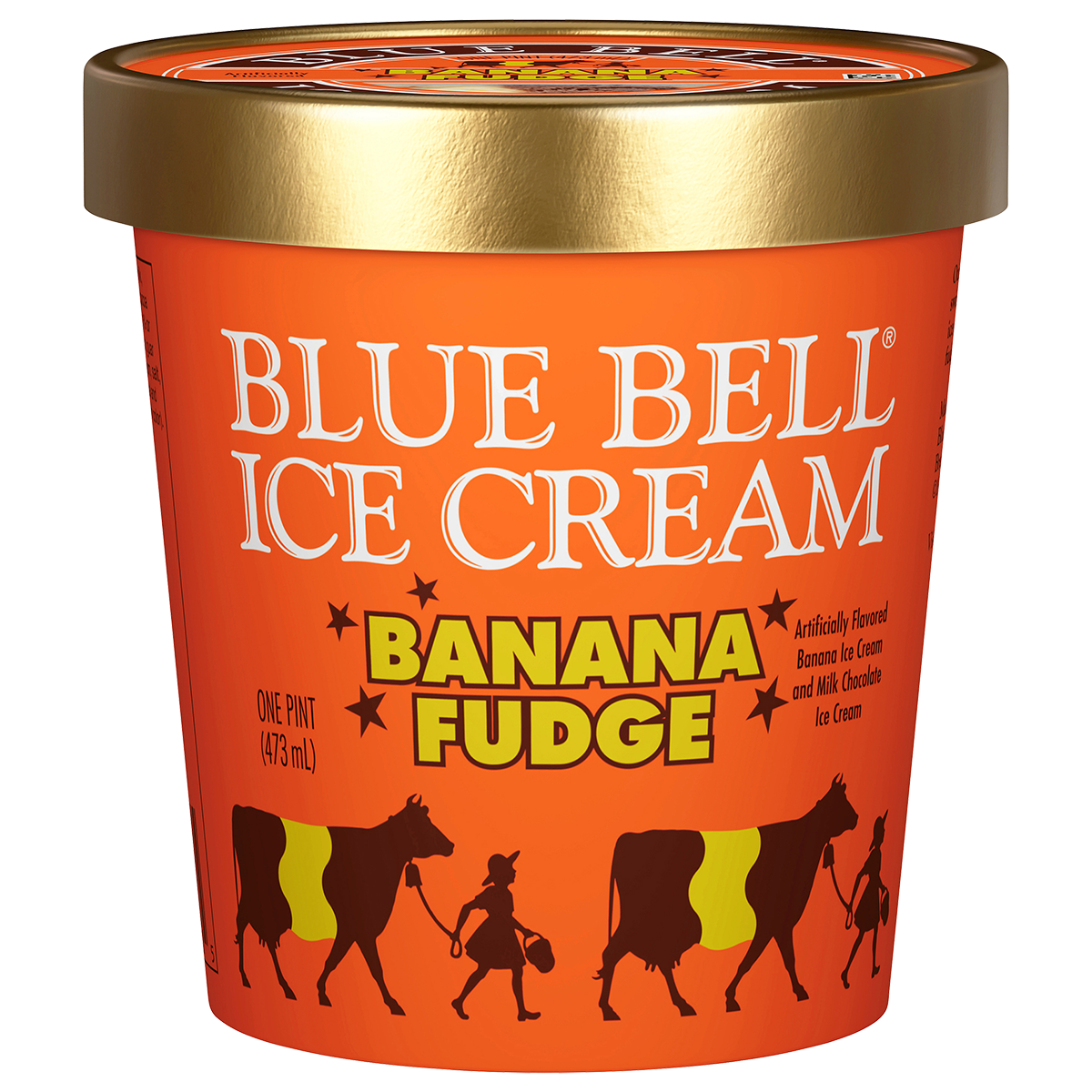 Pint of Blue Bell Banana Fudge ice cream in orange carton with stars and gold rim 