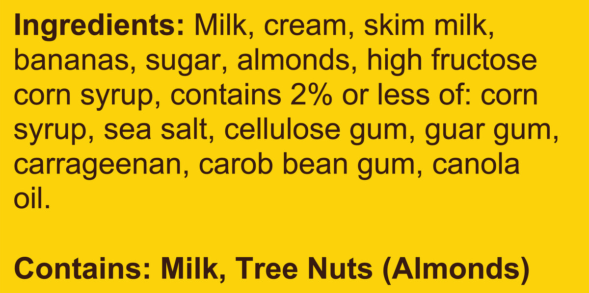 Blue Bell Banana Nut Ice Cream Pints Ingredient Listing and Allergens stating 'Contains: Milk, Tree Nuts (Almonds).'