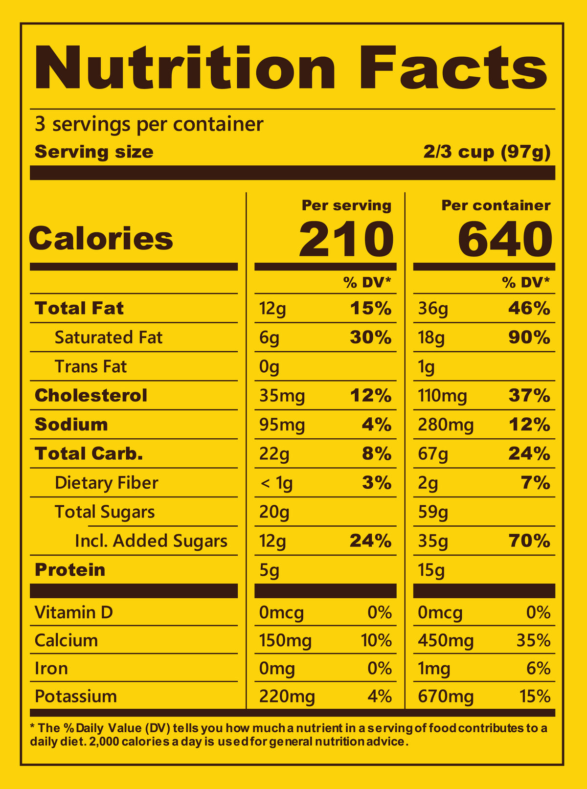 Blue Bell Banana Nut Ice Cream Pints Nutrition Facts label showing a serving size of 2/3 cup (97g) with 210 calories, listing nutrients such as total fat, cholesterol, sodium, and protein per serving.