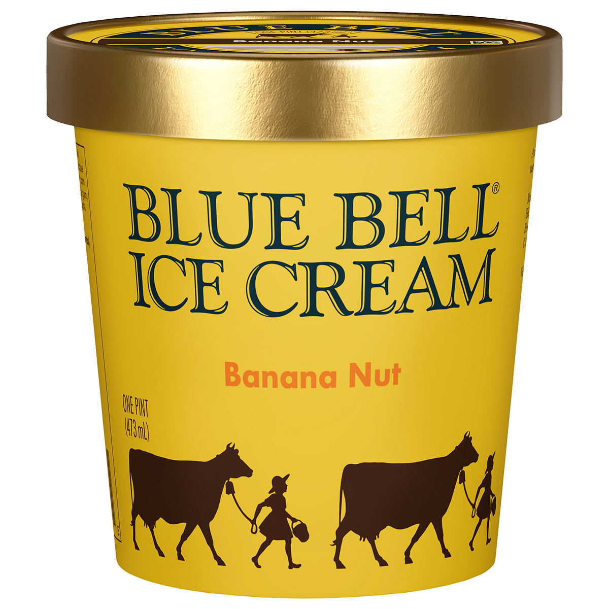 Pint of Blue Bell Banana Nut ice cream in yellow carton with gold lid 
