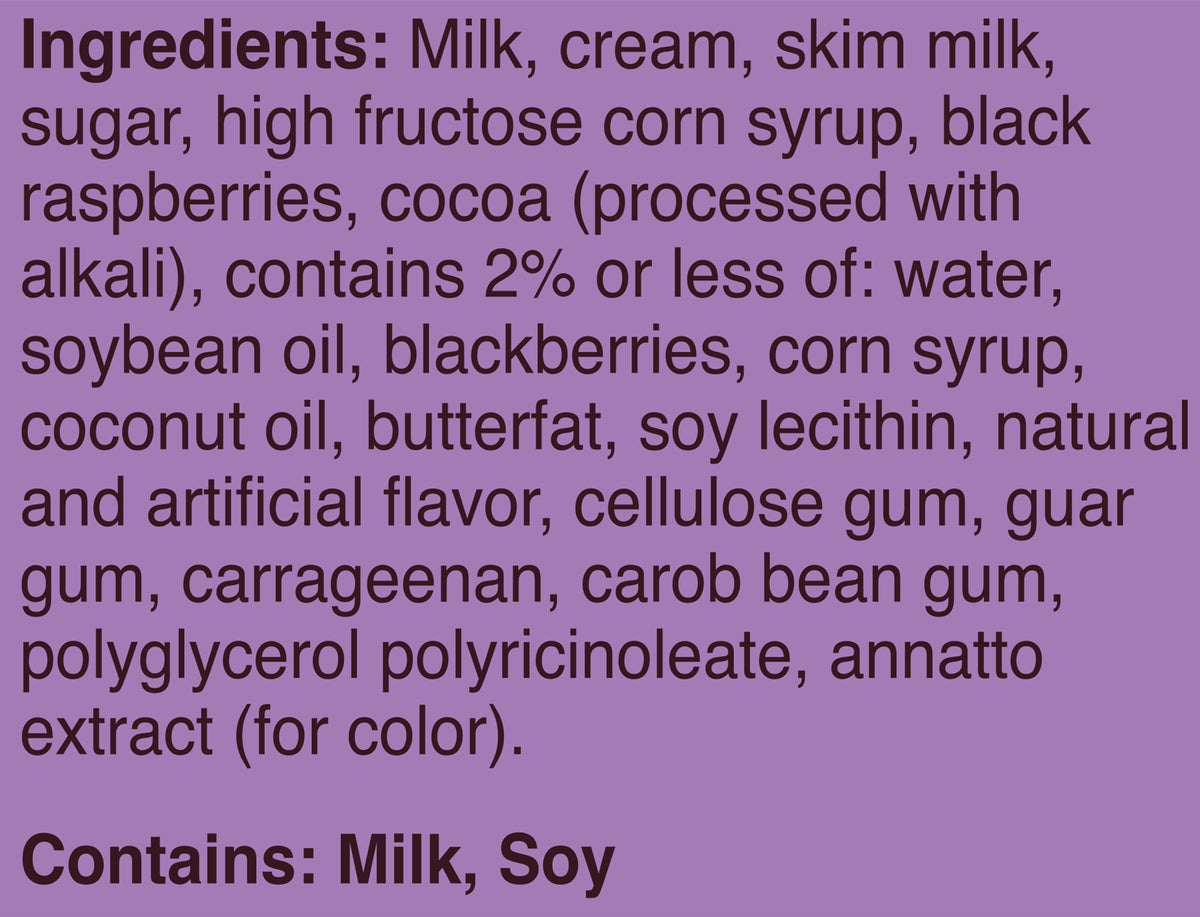 Blue Bell Black Raspberry Fudge Ice Cream Pints Ingredient Listing and Allergens stating 'Contains: Milk, Soy.'