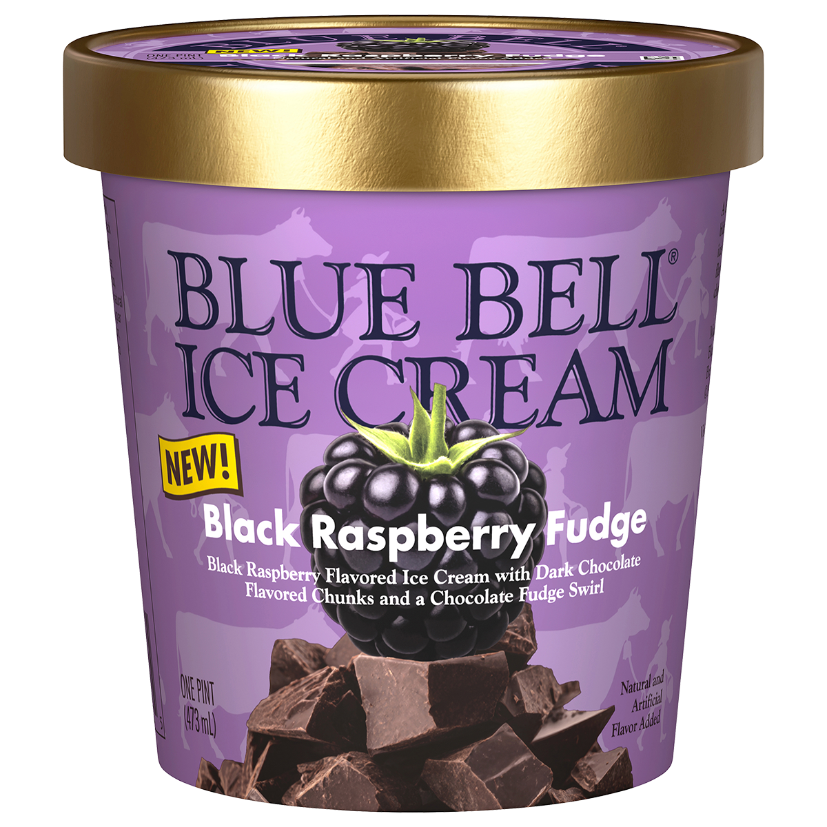 Pint of Blue Bell Black Raspberry Fudge Ice Cream in a purple carton with black raspberry and chocolate chunks